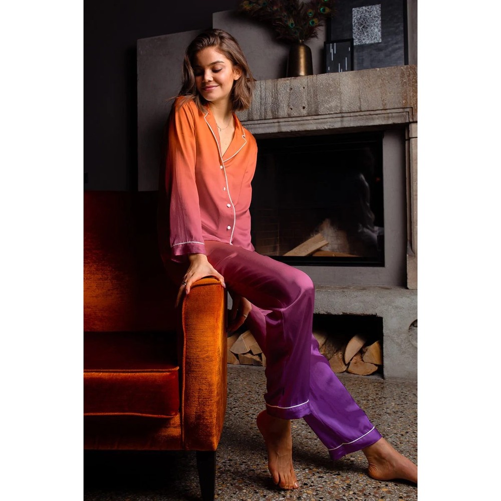 Averie Women Sunset Ombre Satin Pajama Set Orange Purple Gradient Small PJs